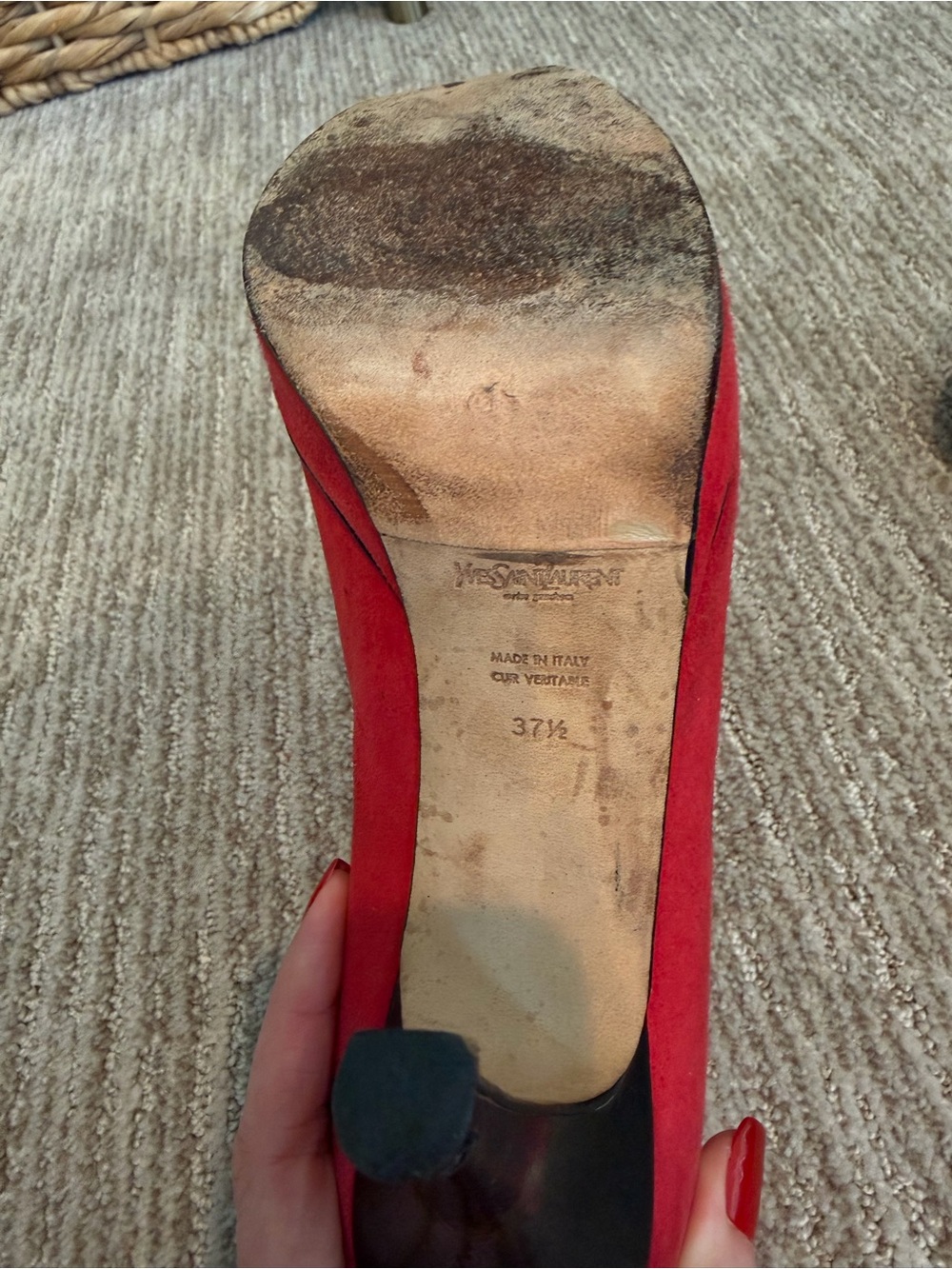 Saint Laurent Red Suede Mary Jane Peep-Toe Heels with Gold Buckle 37.5 - Picture 6 of 8